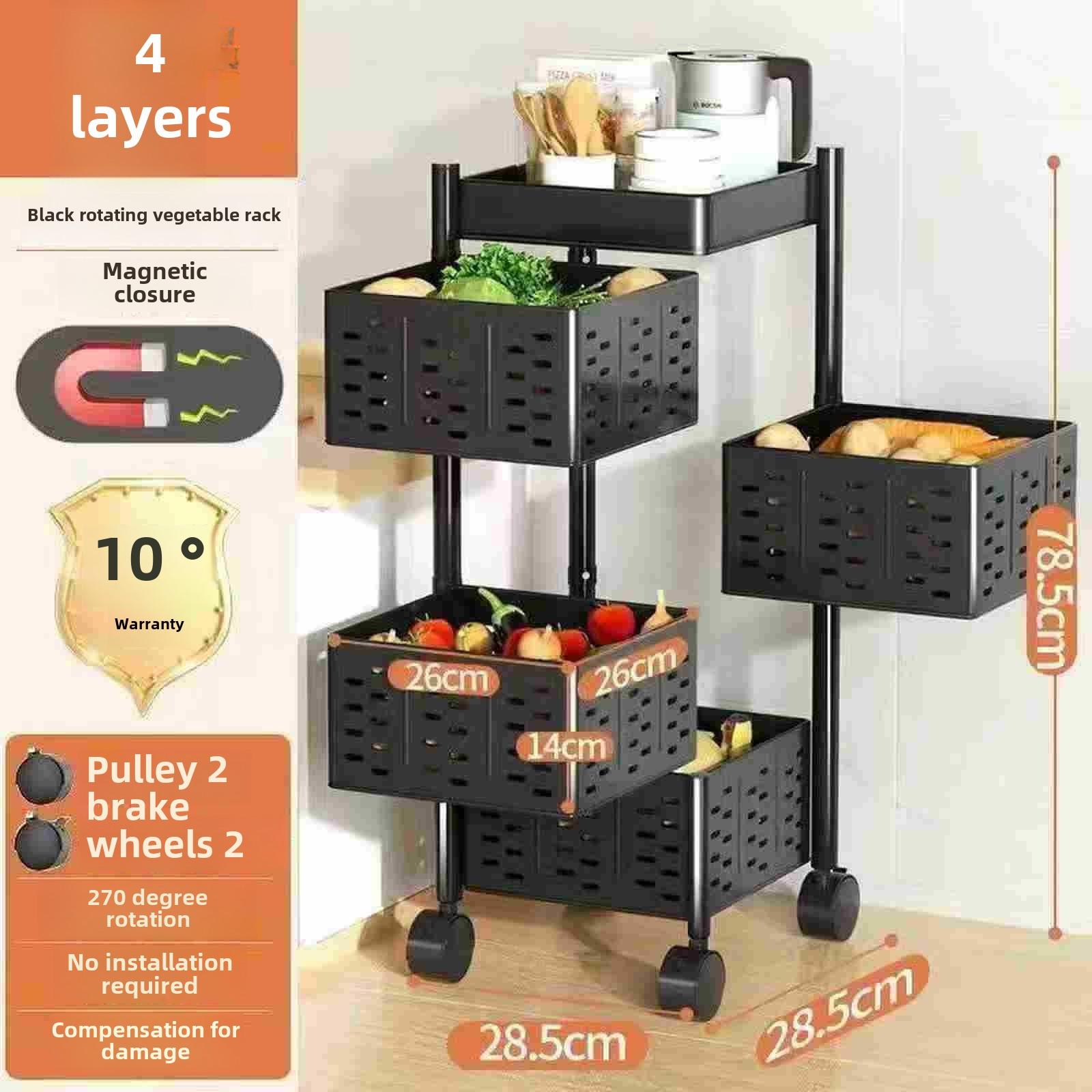 

Многоуровневая тележка для хранения на колесиках, кухонный органайзер, подставка, хозяйственная тележка с колесами для домашней кухни, гостиной Square, 4-layer чёрный