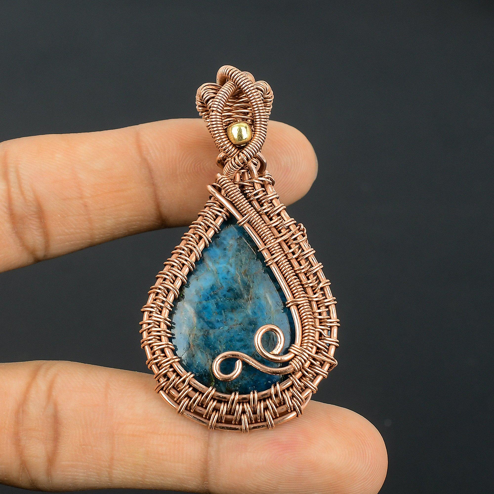 

Neon Blue Apatite Gemstone Pendant 999 Copper Wire Wrapped Jewelry, Handmade Antique Pendant Jewelry, Gift For Mother 2.55 Inches