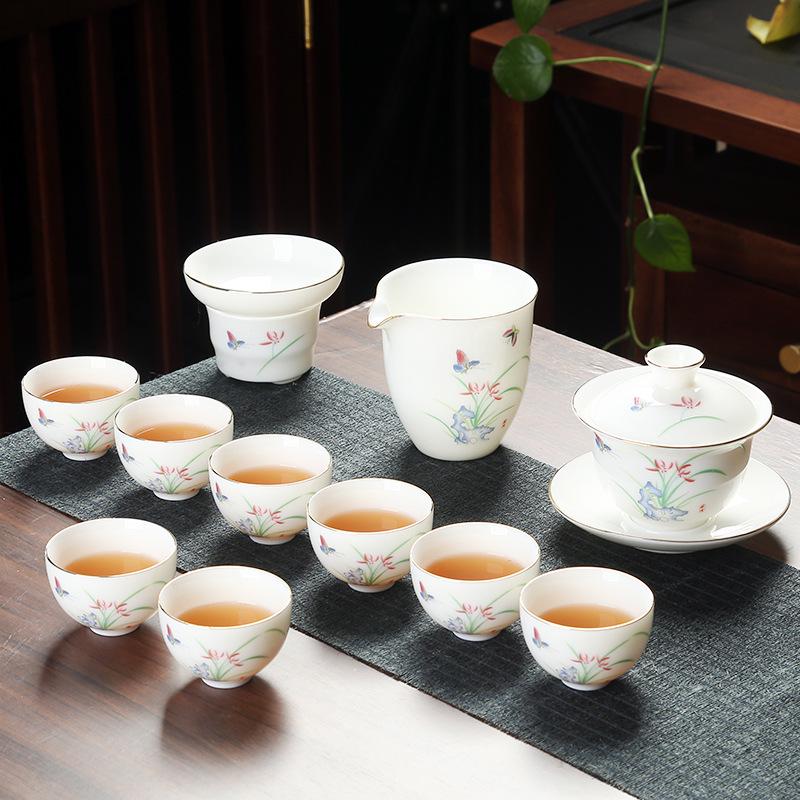 Company event business gifts, printed mutton fat jade porcelain Kung Fu tea set set, home gift gift
