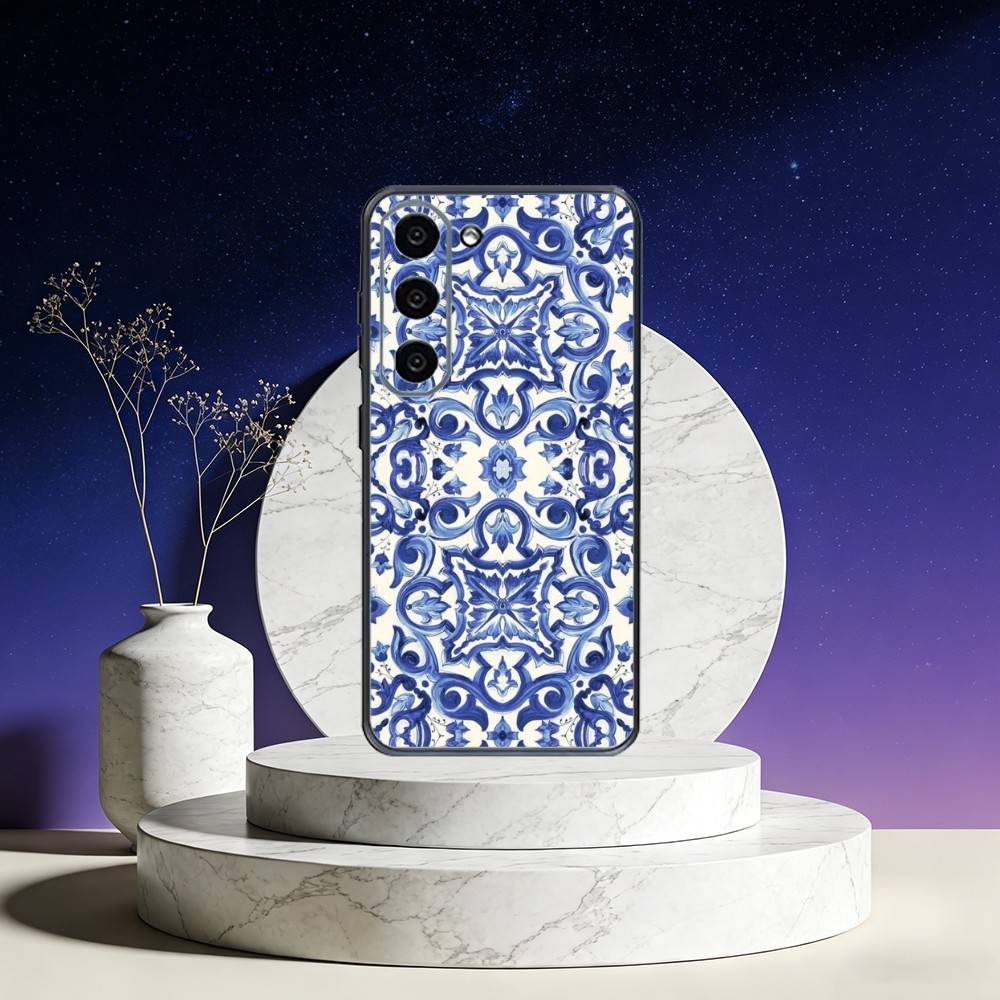 blue and white china Phone Case For Samsung Galaxy A73,A72,A71,A70,A53,A52,A51,Others Soft Black Cover