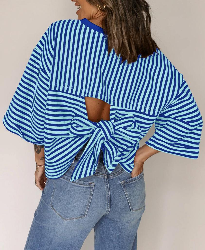 Top de Rayas para Mujer de Corte Holgado con Mangas 3/4, Lazo en la Espalda y Detalles de Encaje