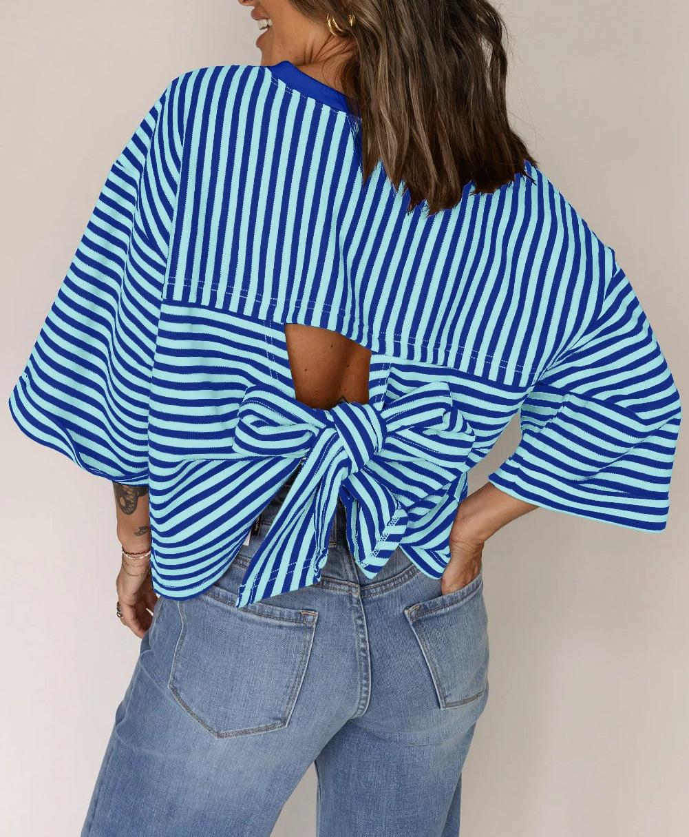 

Women s Loose Fit 3/4 Sleeve Stripe Top with Back Bow Tie and Lace-Up Details L синій