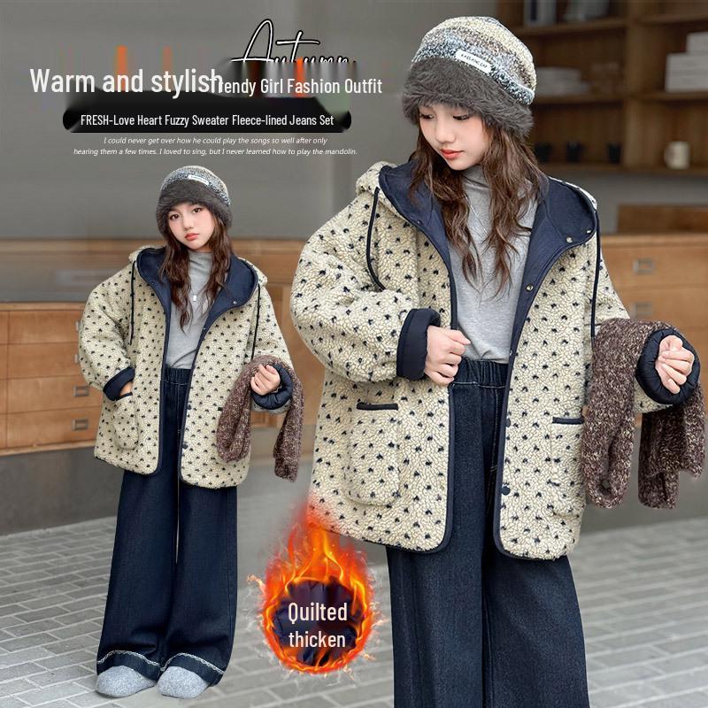 Girls' Winter Fuzzy Sweater & Fleece-Lined Jeans Set 2025 - New Trend for Middle and Big Kids