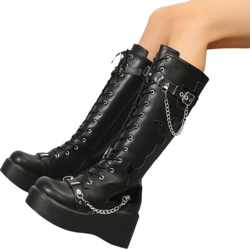 Punk Motorcycle Boots Platform Wedge Red Flame High Heel Cosplay Lolita Booties Belt Buckle Chain Side Zipper Lace Up Woman Shoe