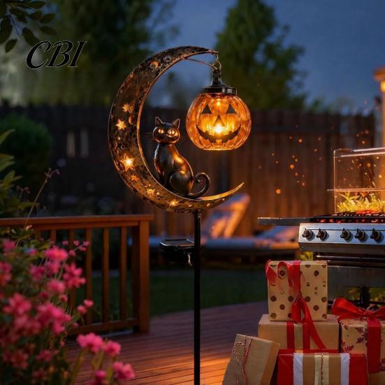 Solar Powered Halloween Garden Stake Lights Light, Black Cat Pumpkin Moon Decorative Landscape Lighting for Waterproof LED Yard Decoration Outdoor