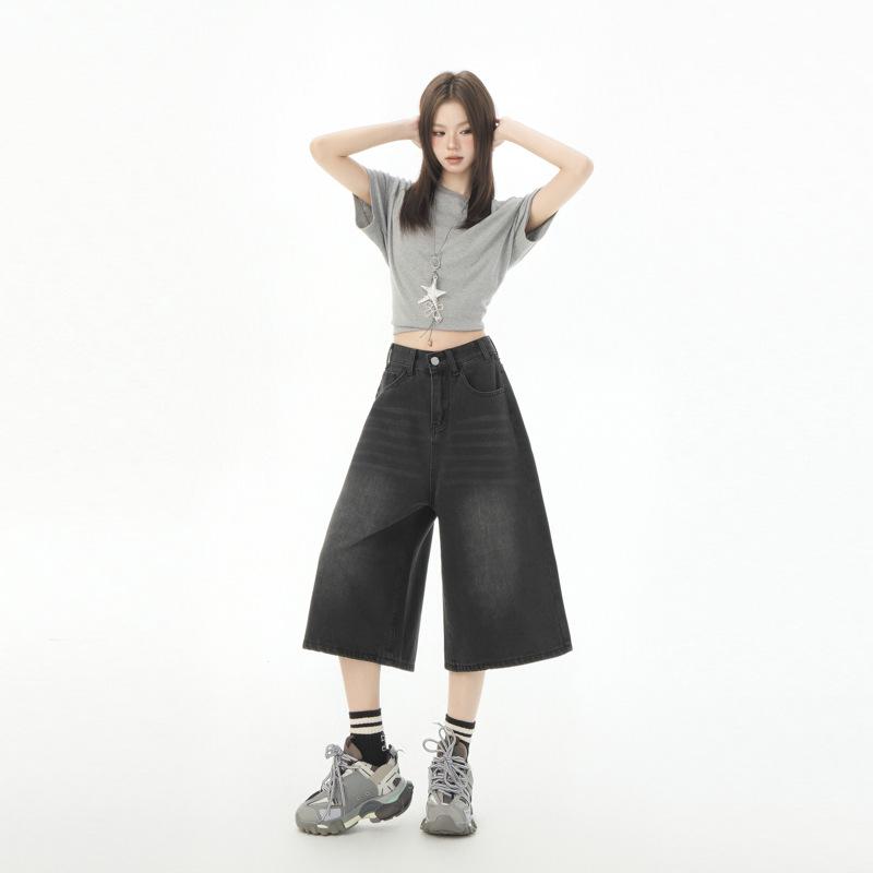 

Women s American Retro High Waist Seven-Point Denim Shorts - Spring/Summer 2026, Slimming Wide-Leg Mid-Length Design. 2XL чёрный