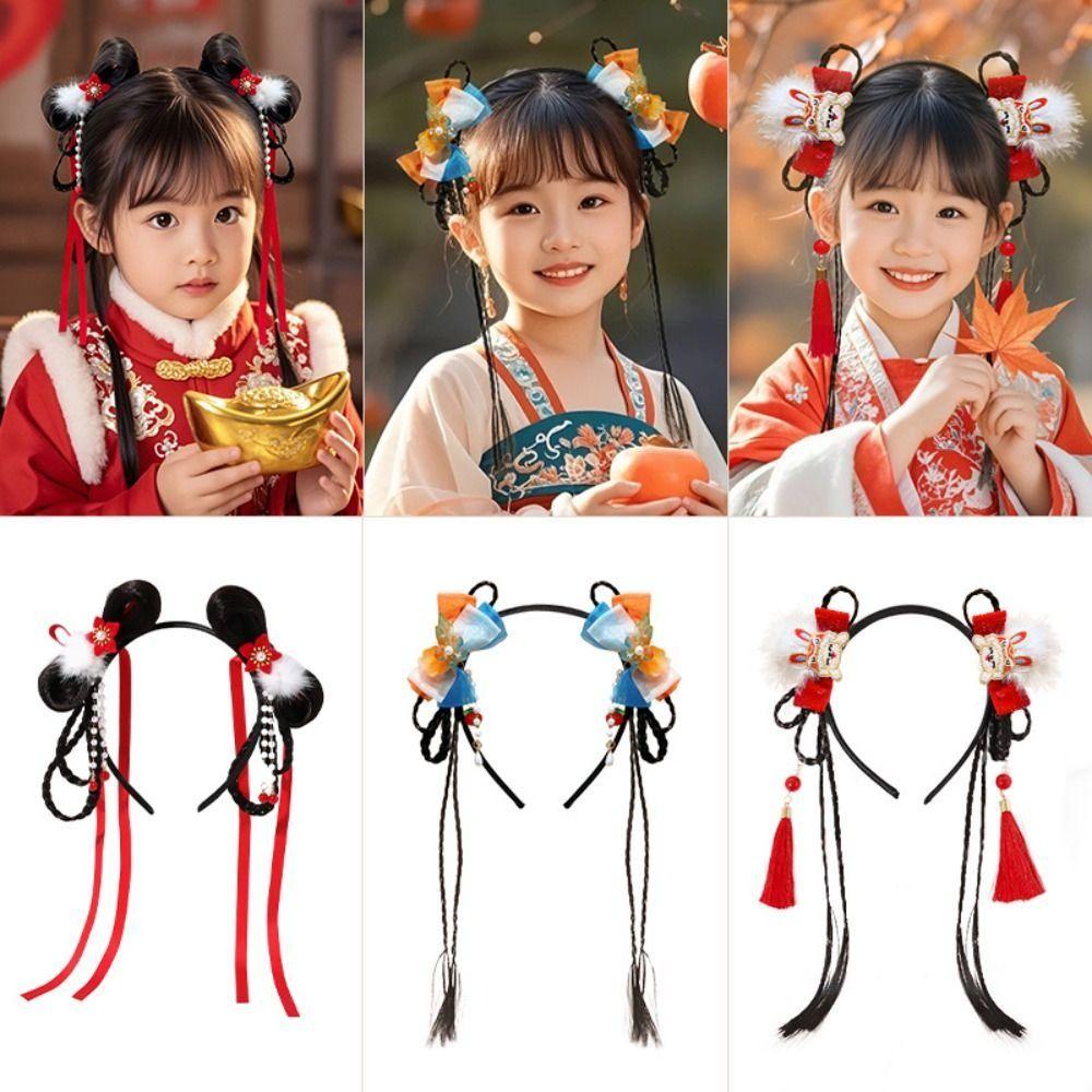 Tassel Children Wig Headband Flower New Year Hair Accessories Bow Princess Hairband  Girls