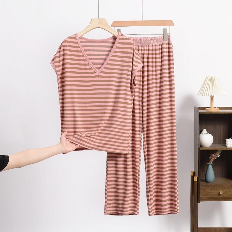 Frühlings- und Sommer-Neues Retro-Gestreiftes V-Ausschnitt Kurzarm-Shorts-Set, Locker und Lässig Übergröße Dünne Hausbekleidung