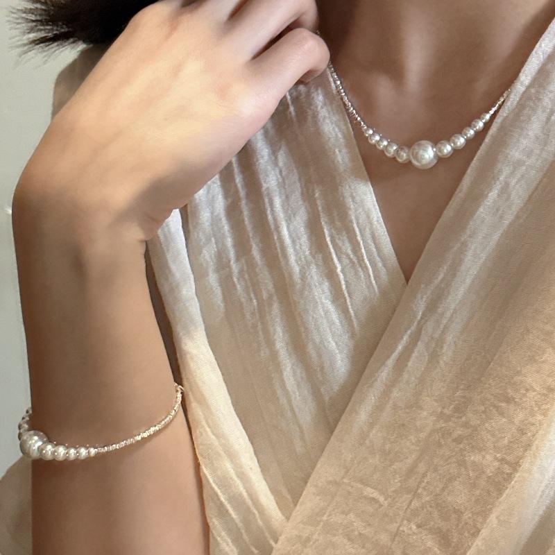 S925 Sterling Silver Smile Gradual Change Broken Silver Necklace French Retro Elegant Simple Strong Light Pearl Bracelet Jewelry