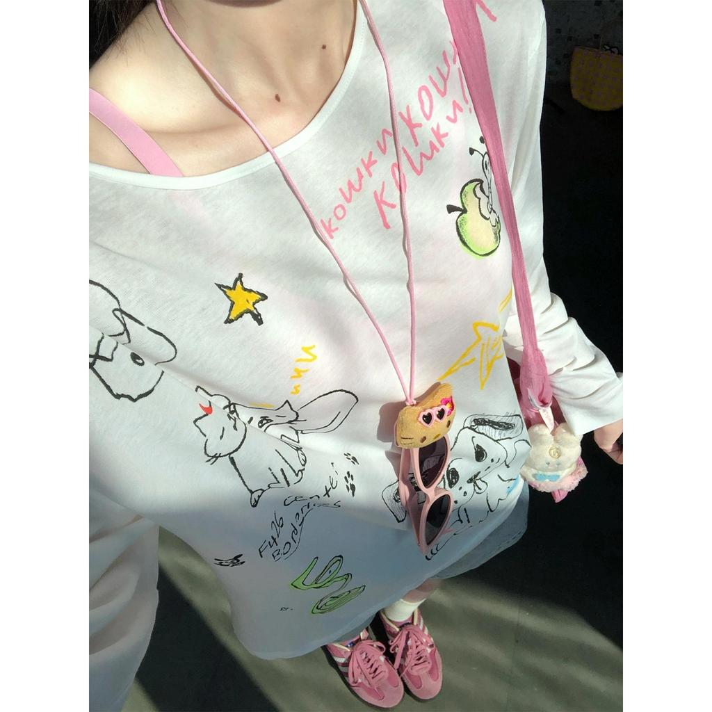 No price reduction #Painted fun printing slanted shoulder sunscreen blouse women's thin loose long-sleeved t-shirt top