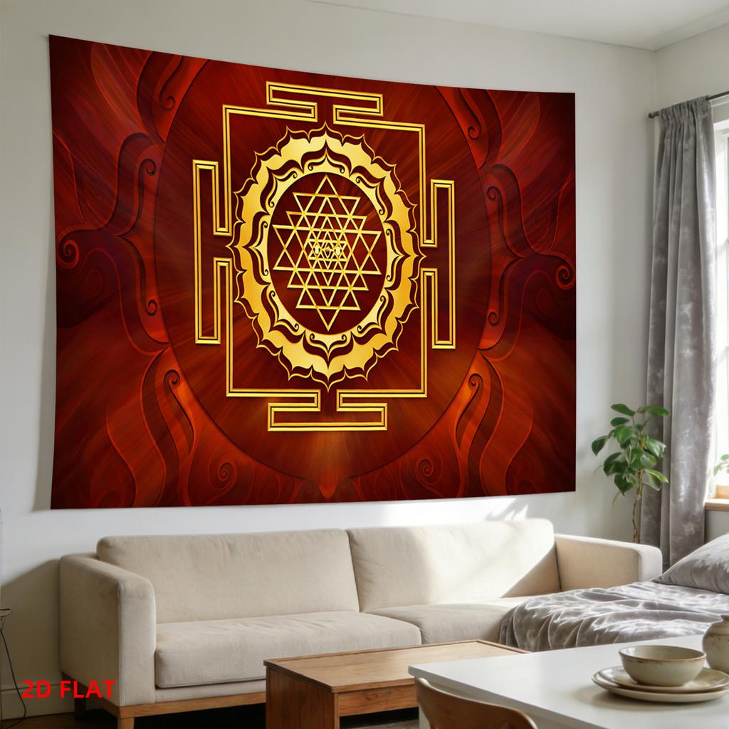 Decorative Mandala Tapestry Wall Hanging Red Gold Bohemian Chakra Art Geometric Polyester Fabric Decor for Living Room Bedroom W