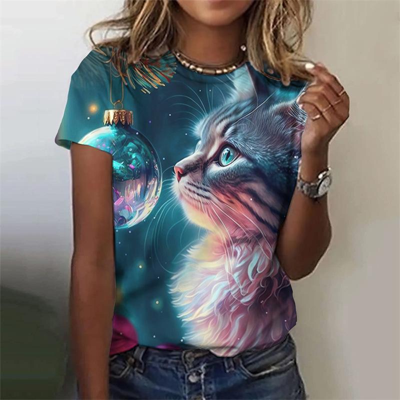 Cat pattern women's T-shirt animal 3D printing T-shirt summer casual round neck short sleeved T-shirt Y2k top Harajuku women's clothing