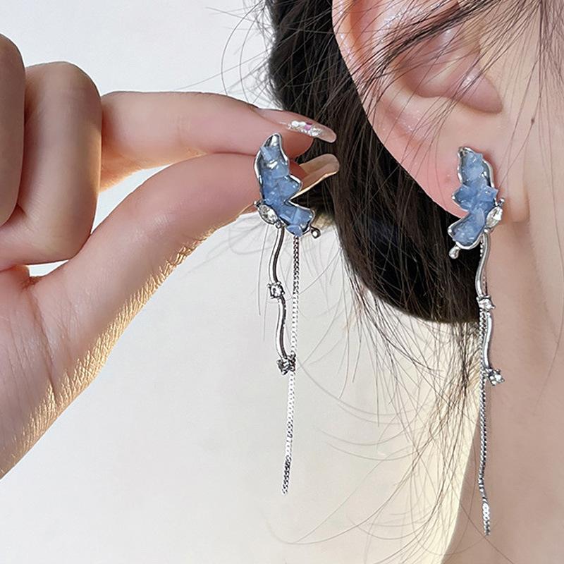 

Fashion Zircon Pearl Tassel Earrings for Women 2024 New Liquid Metal Long Chain Elf Butterfly Statement Earrings Party Zircon синий