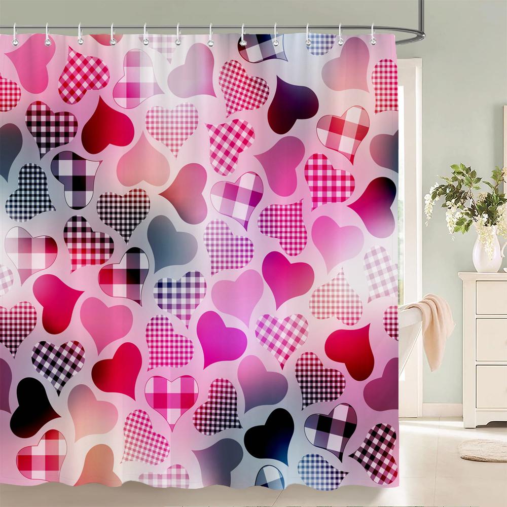 1 Pc Pink,Romantic Love Pattern Shower Curtain Printing Fabric Valentine'S Day Love Home Decoration Bathroom Curtain With Hooks