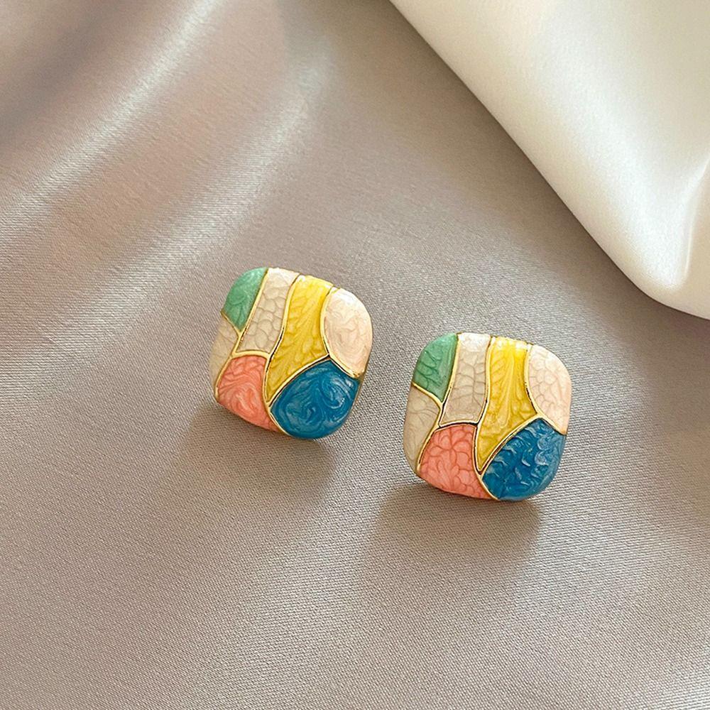 Oil Contrast Color Zinc Zinc Alloy Women Square Earrings Korean Style Earrings Girl Stud Earrings Ear Studs