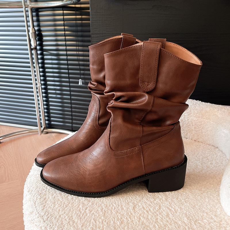 

Hanyu matte suede western cowboy boots women s 2025 retro mid-wind tube boots thick heel sleeve pleated pile boots women 35