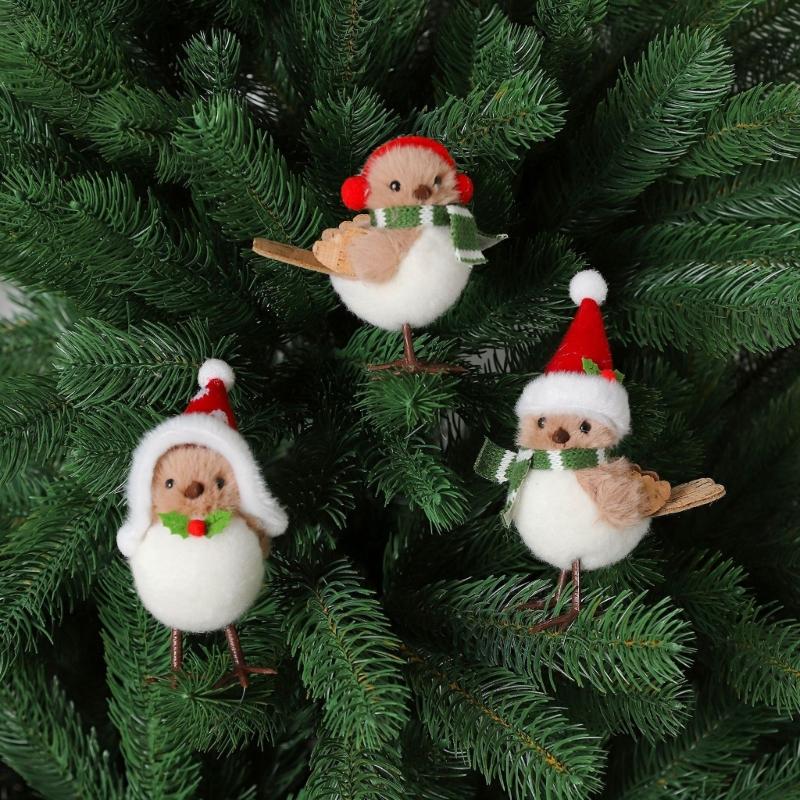Soft Fabric Christmas Bird Ornament for Tree Shelf or Desk Display, Holiday Accent with Ready to Place Styling