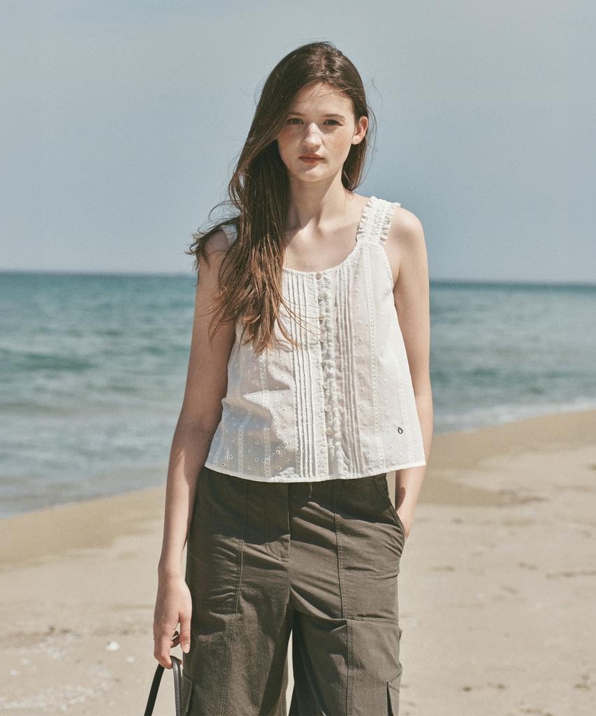 OSTKAKA Eyelet Pintuck Sleeveless Blouse Ivory
