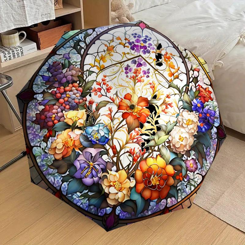 

1pc Floral Stained Glass Automatic Folding Umbrella, 8 Ribs Iron Frame, Suitable for Outdoor Travel and Daily Use yy251120217