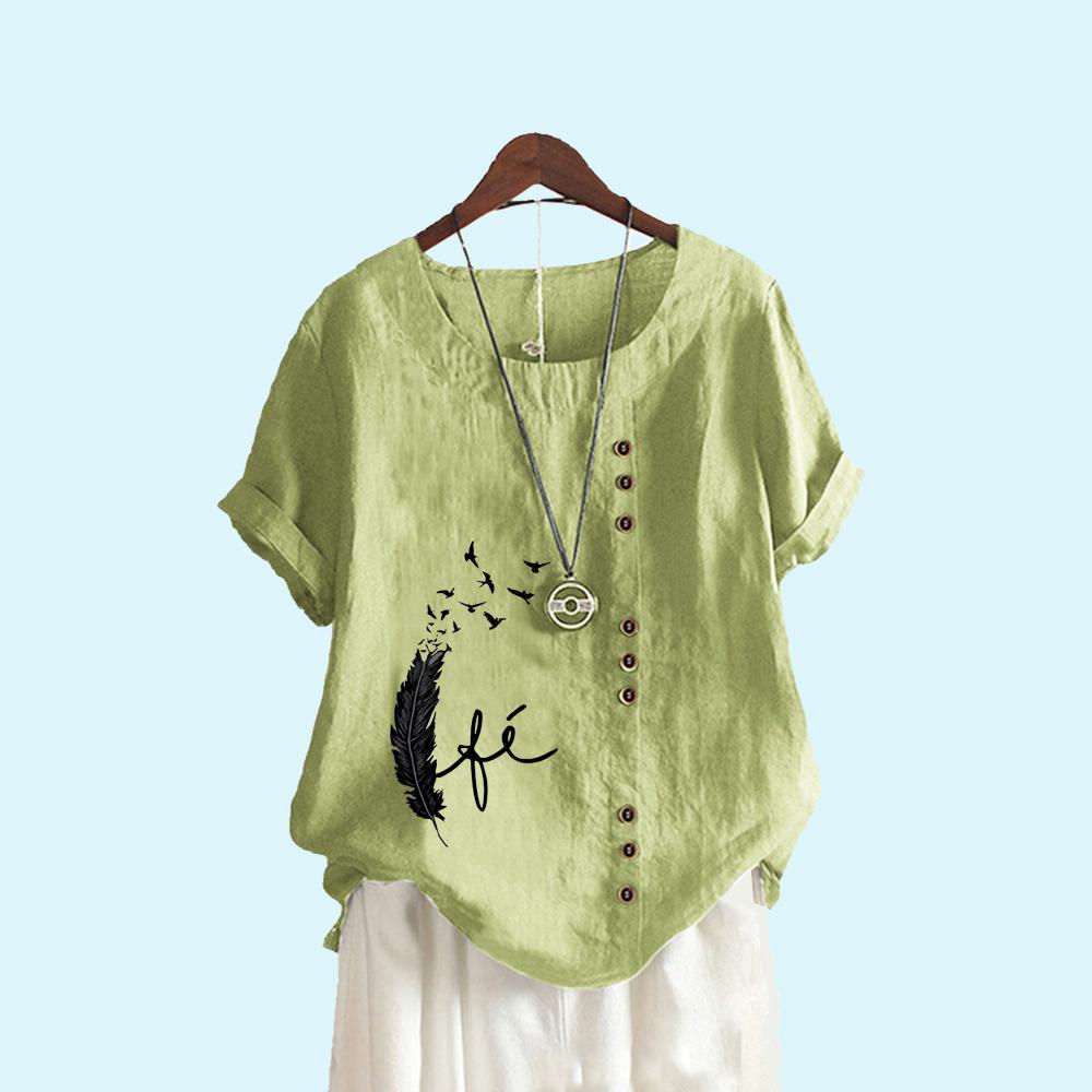 Women Fashion Print Short Sleeve Blouse Summer Casual Round Collar Cotton Linen T-shirt Pullover Loose Top