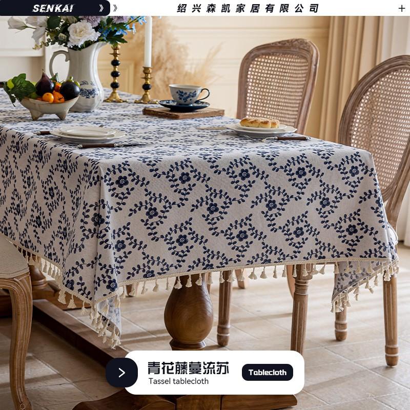 Waterproof Cotton-Linen Look Tablecloth With Tassels Floral Print Dining Table Coffee Decor Square Rectangular