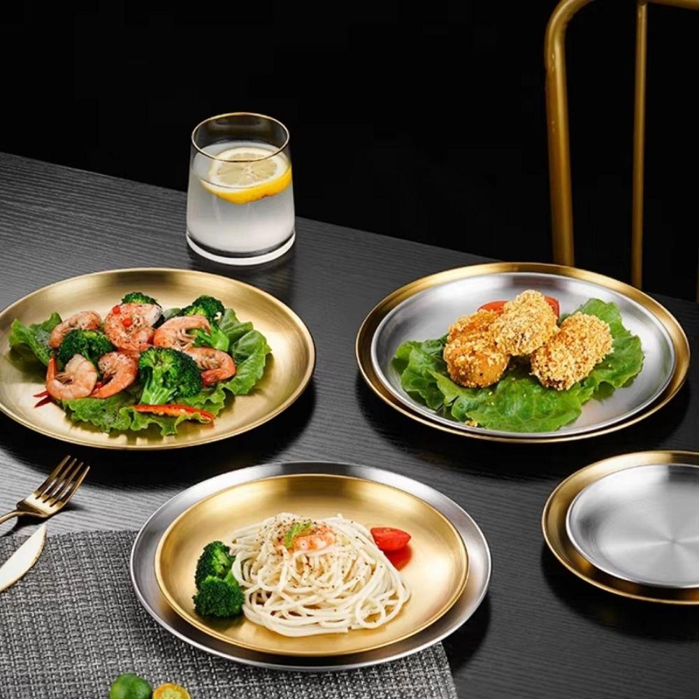 Portable Reusable Picnic Dinner Plate 14/17/20/23/26cm Round Shape Dining Tray Stainless Steel Stackable Dessert Plate Picnic