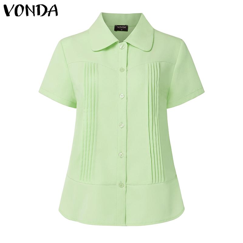 

VONDA Elegant Women Lapel Neck Short Sleeve Buttons Down Pleated Casual Blouse XL зелёный