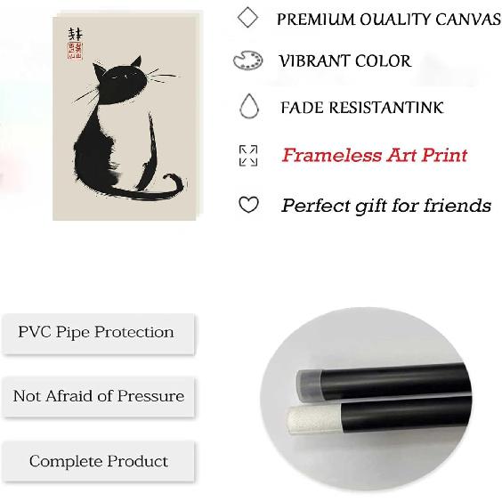 3Pcs Vintage Japanese Cat Wall Art Cute Funny Japanese Black Cat Canvas Paintings Japanese Matsumoto Hoji Prints Neutral Wall Decor Cat Pictures