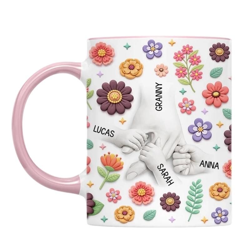 Artistic Florals Print Ceramic Mug Holding Mum Hand Designs Drinking Cup Great For Home Offices Or Cafes