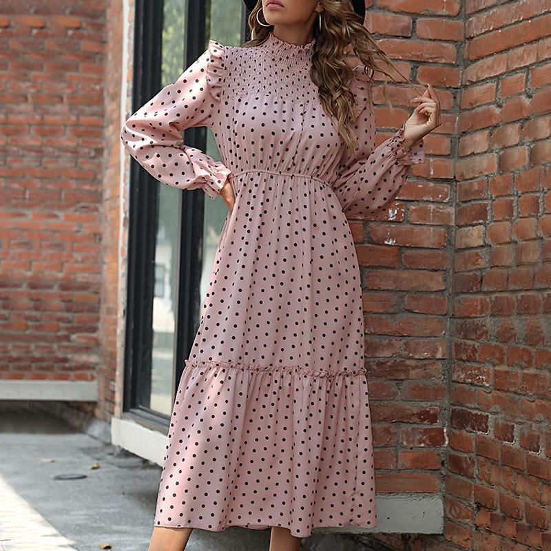 YYFS Women's Fashion Summer Spring Polka Dot Print Long Sleeve Half Turtleneck Casual Dresses