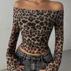 SCIONE Dámské tričko Nová móda Streetwear Dlouhý rukáv Lodičkový výstřih Trička Sexy Leopard Bez zad Dámské Všestranné Pletené oblečení