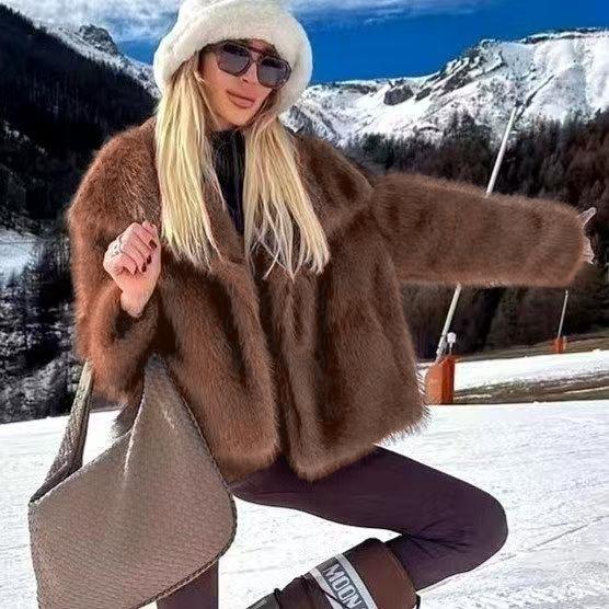 Winter leopard print fur jacket imitation mink hair large lapel women's top fluff loose short