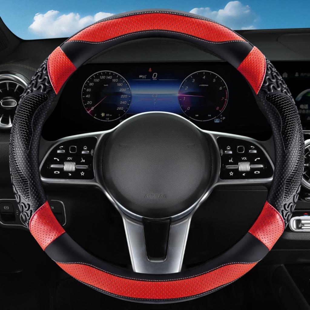 Sporty All-Season Steering Wheel Cover with Heat Embossing, Perforated PU Leather for Enhanced Grip - Fits 14.5-15 Inch Wheels