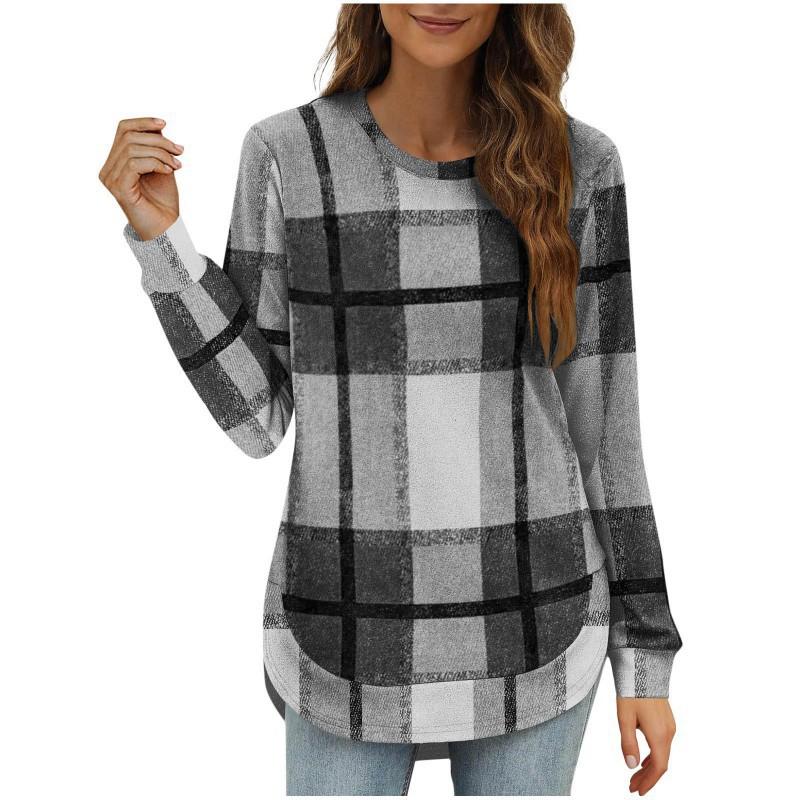 2026 Women's Casual Loose Plaid Long Sleeves Round Neck Irregular Bottled Shirt Top