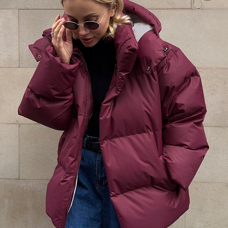 Chaqueta de Algodón Acolchado con Capucha Suelta para Mujer Manga Larga Bolsillo Cremallera Chaqueta Abrigo Femenina 2026 Otoño Invierno Casual Sólido Abrigos de Dama