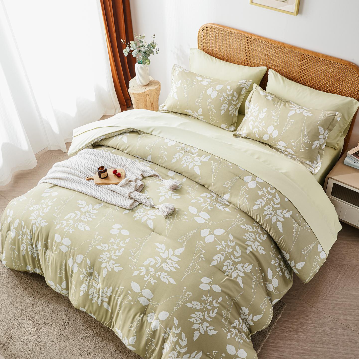 

5/7 шт. Зеленое стеганое одеяло с принтом натуральных растений, гипоаллергенный дышащий супермягкий комплект постельного белья, красивый домашний декор Twin хаки