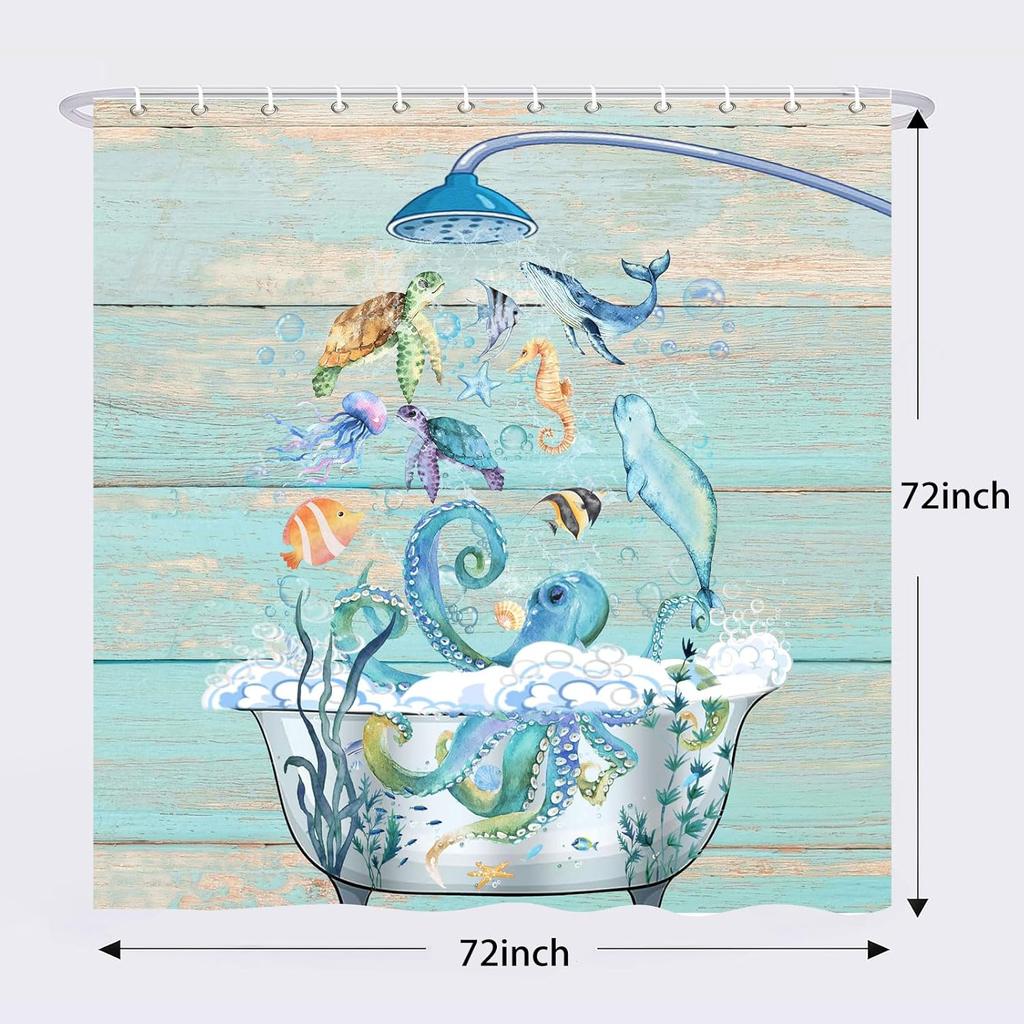 Funny Sea Turtle Shower Curtain,Hilarious Octopus Seaweeds in Bath Ocean Fish Seahorse Jellyfish Humor Shower Curtains for Bathroom,Fabric Bath