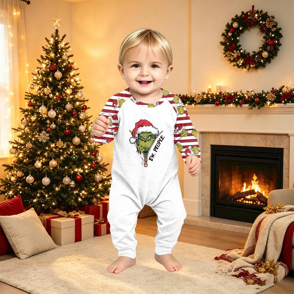 Christmas Character Print Round Neck Matching Parent-Child Pajama Set with Long Sleeves and Pants