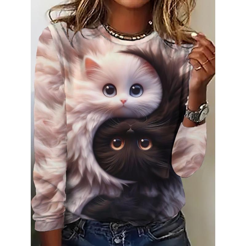 Autumn Women's T-Shirt Casual Long Sleeve Animal Pattern Print Street Crew Neck Female Oversized Clothing Outdoor T Shirts