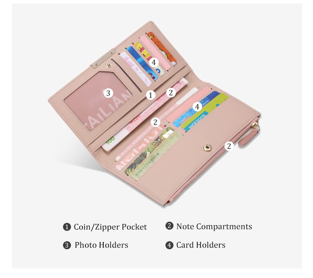 Mokoze Women's Zipper and Magnetic Closure WalletClutch Bag with Long Bifold Coin Purse, Size Small, Pink, Contemporary Style