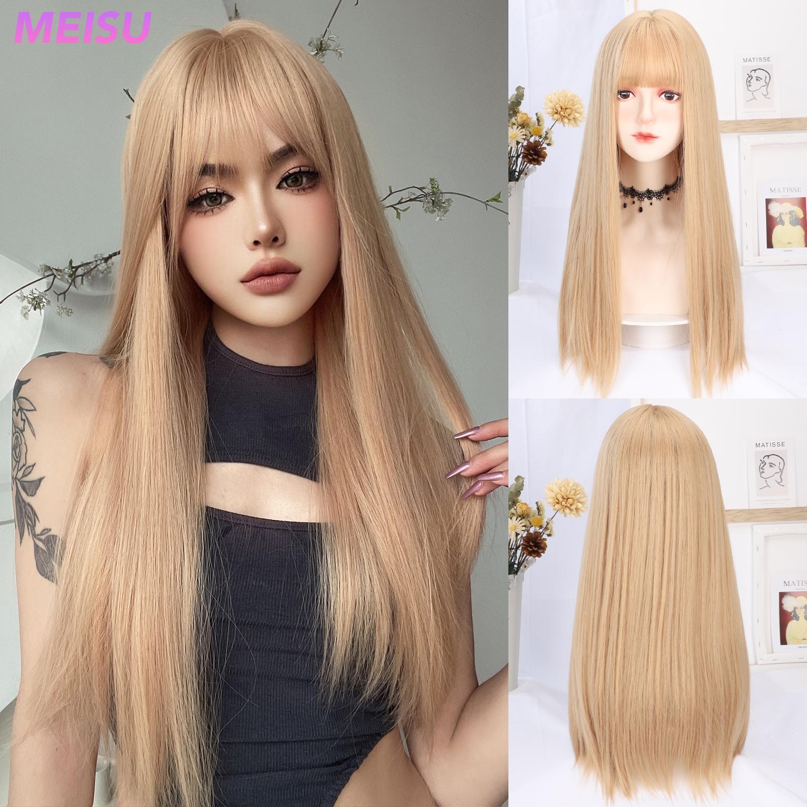 

Черный длинный прямой парик с воздушной челкой, 22-дюймовое волокно, синтетическое термостойкое, сладкое и естественное, для вечеринок или селфи для женщин, корейская мода 22inches