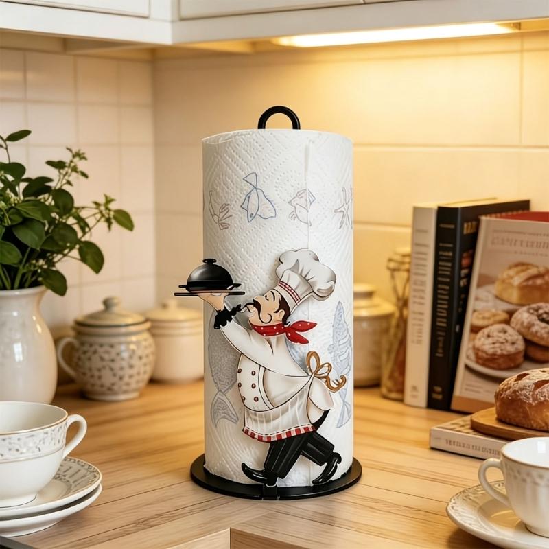 Stojak na ręczniki papierowe z postacią Cook do blatu kuchennego, wolnostojący stojak na rolkę chusteczek z okrągłą podstawą i konstrukcją z akrylu, drewna i metalu do użytku na stole