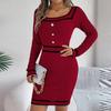 Women's Fashion Retro Colorblock Square Neck Button Long Sleeve Sweater Hip Dress