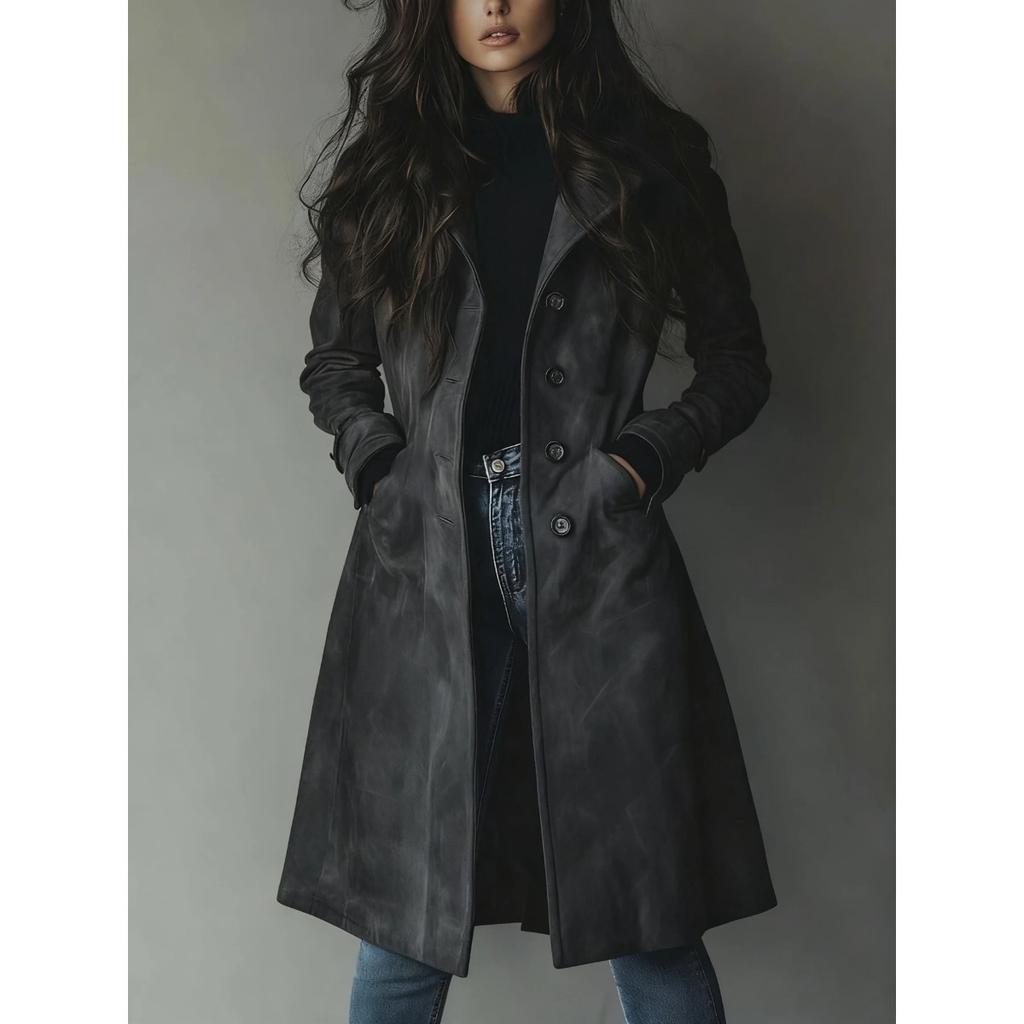 Women's Turn Down Collar Long Sleeve Suede Long Coat Regular Fit Casual Trench Coat