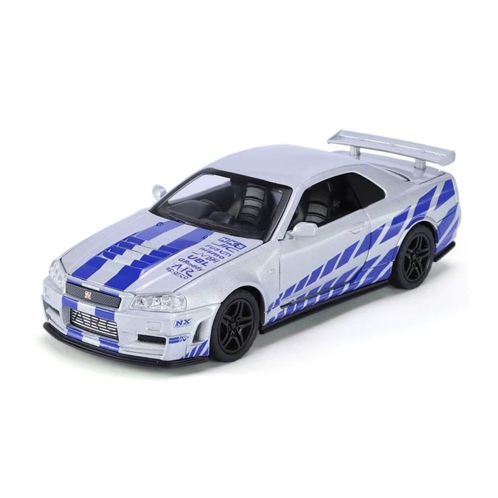 

1/32 Nissan GTR34 Skyline GTR игрушечная модель гоночного автомобиля литая миниатюрная модель со звуком и светом инерционная коллекционная подарочная детская для мальчиков серебряный