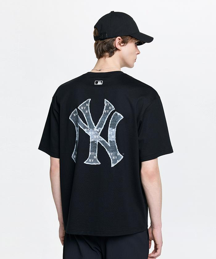 Emelbi Vintage Denim-Like Monogram Big Lux Oversized Short Sleeve T-Shirt Ny (Black)