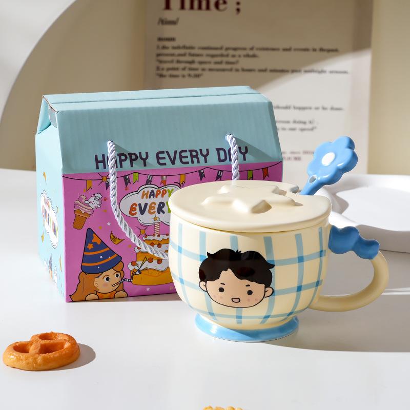 Cartoon Ceramic Cup With Cover, High-Value Household Couple Water Cup Gift Box, Small Gift Idea