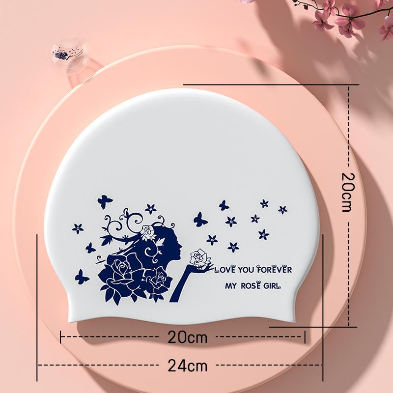 Badekappe aus Silikon, wasserdicht, für Damen, bequeme Badekappe für langes Haar, Ohrenschutz, Blumen-/Meeresdruck, Pool-Zubehör