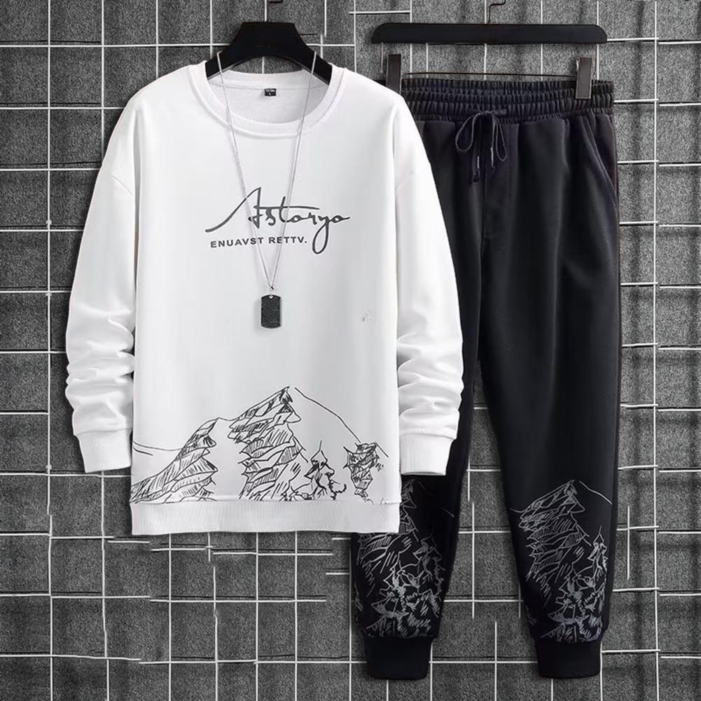 

Карманы Мужской спортивный костюм с горным принтом Повседневный комплект спортивного костюма с толстовкой с круглым вырезом и брюками-джоггерами для осени-зимы Мужской S белый