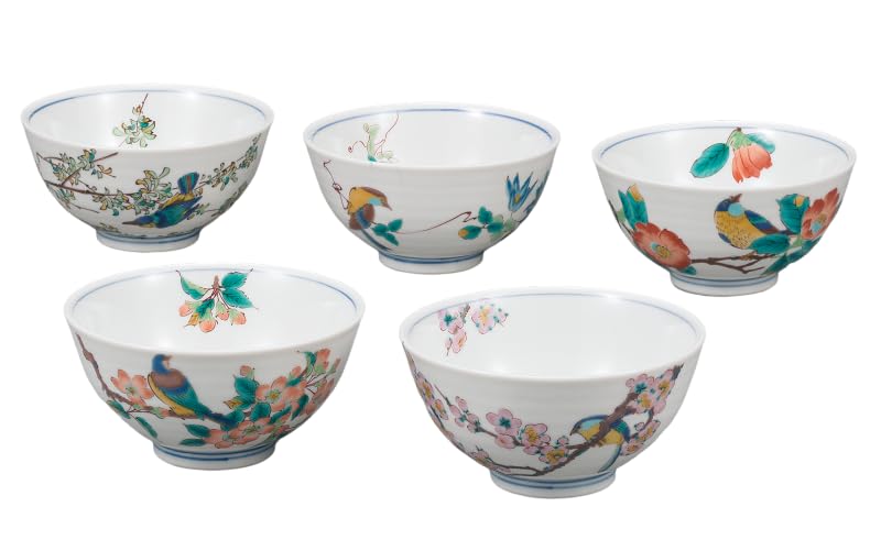 Kutani Ware Iwataya Five-piece Rice Bowl Set with Flower and Bird Motifs AP7-0621